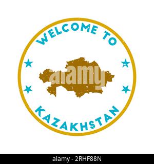 Welcome to Kazakhstan stamp. Grunge country round stamp with texture in Gummy Dolphins color theme. Vintage style geometric Kazakhstan seal. Powerful Stock Vector