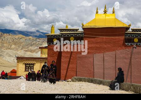 Namgyal Monastery in Lo Manthang of Upper Mustang in Nepal with Lama Buddhists and Pilgrims Stock Photo