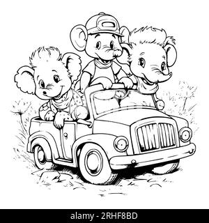 Animals Riding A Car Coloring Pages Drawing For Kids Stock Vector