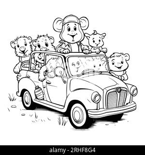 Animals Riding A Car Coloring Pages Drawing For Kids Stock Vector