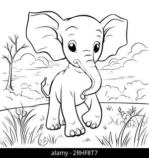 Baby Elephant Coloring Page Drawing For Kids Stock Vector