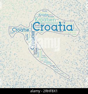 Croatia shape whith country names word cloud in multiple languages. Croatia border map on superb triangles scattered around. Artistic vector illustrat Stock Vector