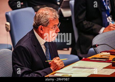 New York, New York, USA. 16th Aug, 2023. Yemen Permanent Ambassador to the UN, ABDULLAH ALI FADHEL AL-SAADI speaks at the UN Security Council held meeting on the Middle East, with a focus on Yemen the UN brokered efforts of peace between Yemen, Saudi Officials as well as Houthi officials. Though truce between both sides expired in October, hostilities have not escalated on the frontlines yet rhetorical and propaganda based subject matter has become more apparent causing civilian unrest and economic woes, affecting children and women most. (Credit Image: © Bianca Otero/ZUMA Press Wire) EDITORI Stock Photo