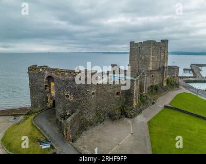 Aerial view of Carrickfergus Castle Anglo Norman castle in Northern Ireland, in County Antrim, on the northern shore of Belfast Lough with large recta Stock Photo