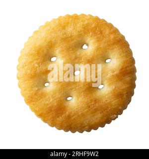 A piece of round salted cracker on white background with clipping path Stock Photo