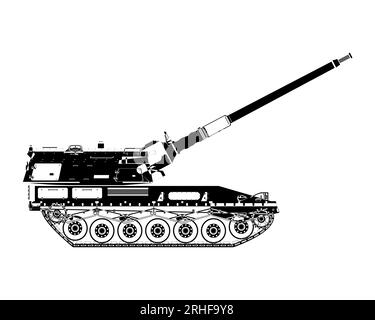 Self-propelled howitzer silhouette. Raised barrel. Military armored ...