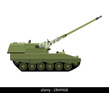 Self-propelled howitzer in flat style. Raised barrel. Military armored vehicle. Colorful illustration isolated on white background. Stock Photo