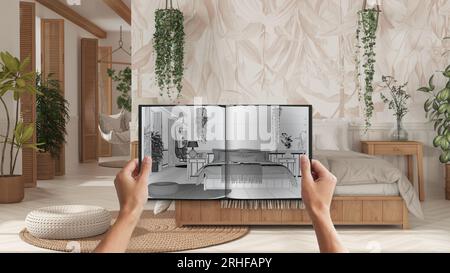 Hands holding notepad with boho style bedroom blueprint sketch or drawing. Real interior design project background. Before and after concept, architec Stock Photo