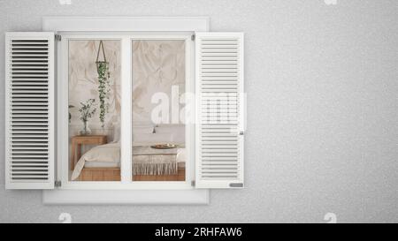 Exterior plaster wall with white window with shutters, showing bohemian bedroom in boho style, blank background with copy space, architecture design c Stock Photo