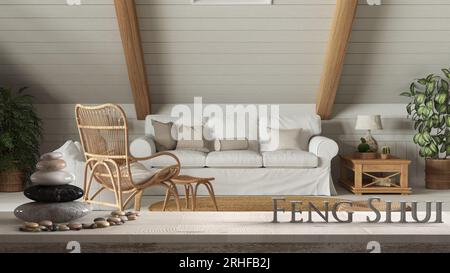 White table shelf with pebble balance and 3d letters making the