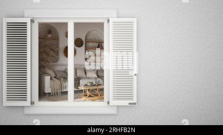 Exterior plaster wall with white window with shutters, showing bohemian living room in boho style, blank background with copy space, architecture desi Stock Photo