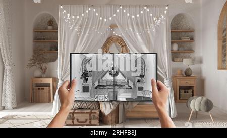 Hands holding notepad with bohemian bedroom design blueprint sketch or drawing. Real interior design project background. Before and after concept, arc Stock Photo