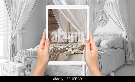 Hands holding tablet showing bohemian bedroom in boho style, total blank project background, augmented reality concept, application to simulate furnit Stock Photo