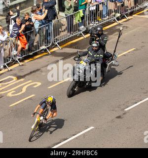 Kim Cadzow of New Zealand curving out of Byres Road in the West End of Glasgow during the UCI elite women's world championship road race 2023. Stock Photo