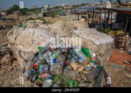 Different types of plastic bottles gathered for recycling in Dhaka, Bangladesh. Stock Photo