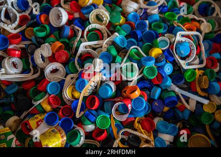 Colorful plastic bottle caps for recycling, Dhaka, Bangladesh. Stock Photo