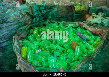 Different types of plastic bottles gathered for recycling in Dhaka, Bangladesh. Stock Photo