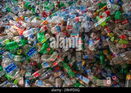 Different types of plastic bottles gathered for recycling in Dhaka, Bangladesh. Stock Photo