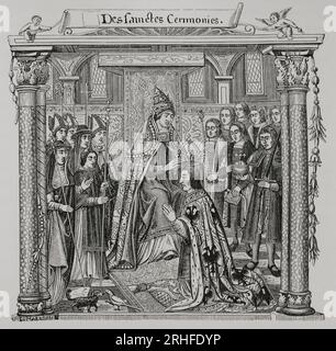 Coronation of an emperor by the Pope. The figure of Maximilian I is depicted as the crowned emperor. 19th-century engraving from a miniature in the manuscript 'Des Sanctes Ceremonies', 16th century. 'Vie Militaire et Religieuse au Moyen Age et à l'Epoque de la Renaissance'. Paris, 1877. Stock Photo