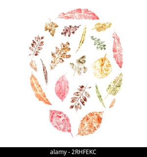 Round dance of autumn dry leaves isolated on white background. Colorful fall leaves imprints. Watercolor illustration of leaf silhouettes for posters Stock Photo