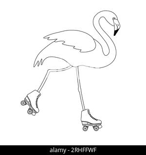 Vector flat hand drawn outline flamingo riding roller skates isolated on white background Stock Vector