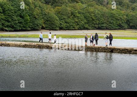 Looe, UK - August 2023: Tourists walking along Mill pool, near Looe in Cornwall with the river Looe estuary in the background Stock Photo