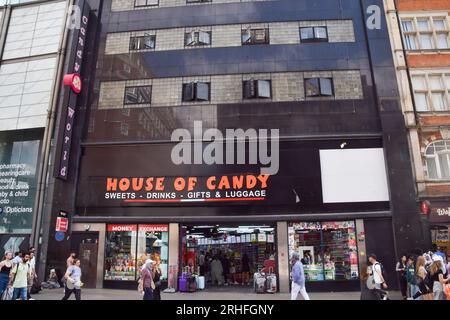 London, UK. 16th August 2023. Exterior view of House of Candy at the former site of the HMV flagship store on Oxford Street. So-called 'American style' candy stores have replaced many shops on Oxford Street as retail leaders warn that high streets are continuing to decline and call for government-backed regeneration. Credit: Vuk Valcic/Alamy Live News Stock Photo