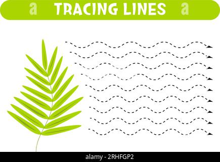 Tracing lines with green leaf. Handwriting practice.  Stock Vector