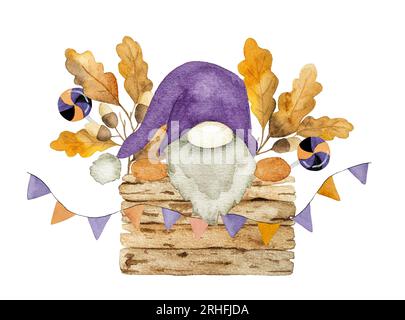 Autumn dwarf with fall leaves in wooden box thanksgiving illustration. Cute gnome with harvest drawing for halloween postcard Stock Photo