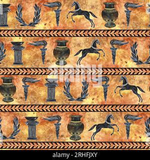 Seamless pattern with ancient Greek Olympic elements and athletes. In the style of ancient Greek art of painting a vase. Hand drawn watercolor illustr Stock Photo