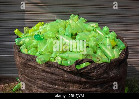 Different types of plastic bottles gathered for recycling in Dhaka, Bangladesh. Stock Photo