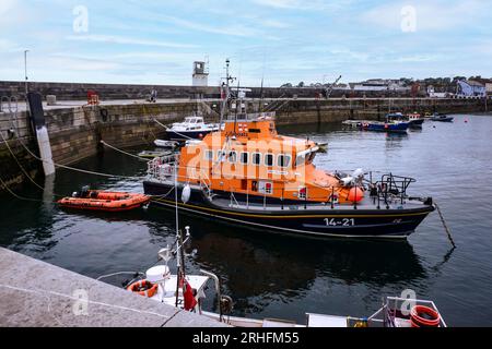 Donaghadee Lifeboat moored here in the harbour in Donaghadee, County Down, Northern Ireland. Stock Photo