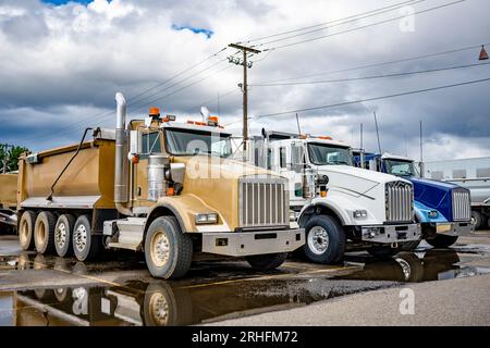 Powerful Tippers classic bonnet big rig semi truck tractors with tip trailers standing on the industrial parking lot take a break for truck driver res Stock Photo
