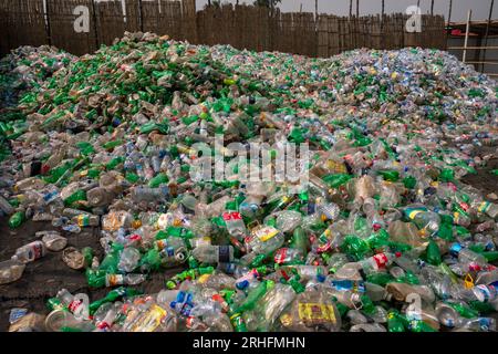 Different types of plastic bottles gathered for recycling in Dhaka, Bangladesh. Stock Photo