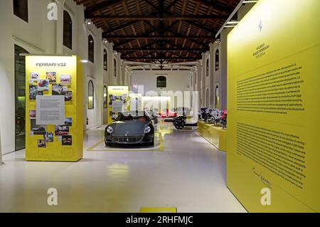Modena, June 16 2023, MEF Museum Enzo Ferrari, panels and interior view of a section of the museum Stock Photo