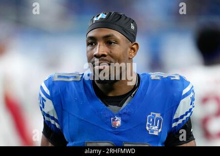 Detroit Lions running back Devine Ozigbo (30) watches from the sideline  during an NFL preseason football game against the Carolina Panthers,  Friday, Aug. 25, 2023, in Charlotte, N.C. (AP Photo/Brian Westerholt Stock