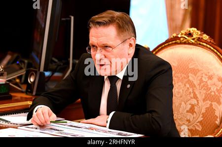 Moscow, Russia. 14th Aug, 2023. Rosatom CEO Alexey Likhachev remarks during a face-to-face meeting with Russian President Vladimir Putin at the Kremlin, August 14, 2023 in Moscow, Russia. Credit: Alexander Kazakov/Kremlin Pool/Alamy Live News Stock Photo