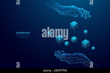 Hands holding blockchain n futuristic low poly wireframe style Stock Vector