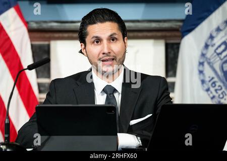 New York, United States. 16th Aug, 2023. New York City Deputy Mayor for Communications Fabien Levy speaking at a press conference about asylum seekers in New York City at City Hall in New York City. Credit: SOPA Images Limited/Alamy Live News Stock Photo