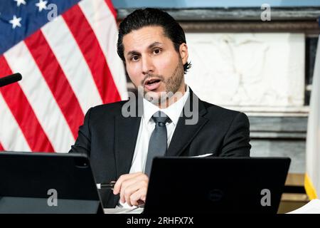 New York, United States. 16th Aug, 2023. New York City Deputy Mayor for Communications Fabien Levy speaking at a press conference about asylum seekers in New York City at City Hall in New York City. Credit: SOPA Images Limited/Alamy Live News Stock Photo