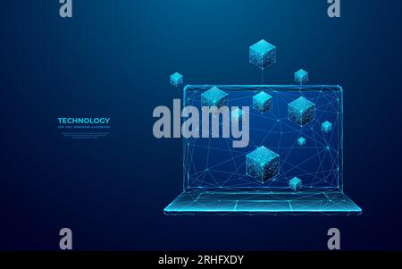 Abstract digital isometric blockchain on opened laptop. Linked blocks Stock Vector