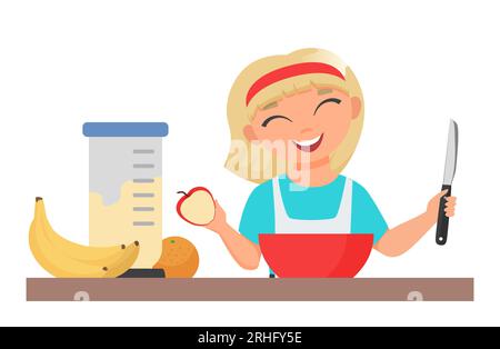 Smiling little girl cutting fruits. Kid preparing fruit shake vector illustration Stock Vector