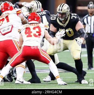 New Orleans, USA. 13th Aug, 2023. New Orleans Saints offensive tackle Trevor Penning (70) is about to block Kansas City Chiefs linebacker Jack Cochrane (43) during a National Football League preseason game at the Caesars Superdome in New Orleans, Louisiana on Sunday, August 13, 2023. (Photo by Peter G. Forest/Sipa USA) Credit: Sipa USA/Alamy Live News Stock Photo