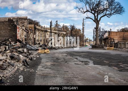 View of the damaged buildings and structures of Lahaina Town, which were destroyed in the Maui wildfires in Lahaina, Maui, on August 15, 2023. Members of Combined Joint Task Force-50 from the Hawaii Army and Air National Guard, U.S. Army Active Duty and Reserve are actively supporting Maui County authorities to provide immediate security, safety, and well-being to those affected by the wildfires to ensure unwavering support for the community of Maui and first responders. Photo by Staff Sgt. Matthew A. Foster/U.S. Army National Guard/UPI Stock Photo