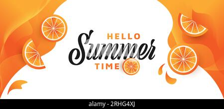 Summer Festive Background with 3D Realistic Oranges. Summer Time Background for Banner or Poster Design. Hello Summer Design Stock Vector