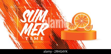 Summer Festive Background with 3D Realistic Oranges on Grunge Background. Summertime Celebration Design Stock Vector