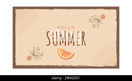 Minimalist Summer Background with Flowers and Oranges Illustration. Summer Time Background for Banner or Poster Design Stock Vector