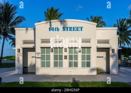Miami, USA - August 23, 2014: public restroom in the art deco district in South Beach, Miami, USA. Stock Photo