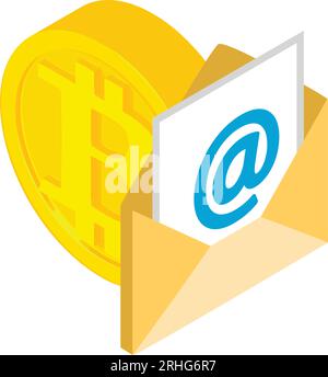 Bitcoin cryptocurrency icon isometric vector. Golden bitcoin coin and email icon. Digital money, cryptocurrency concept Stock Vector