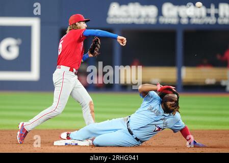 Milwaukee, United States. 03rd Sep, 2023. Philadelphia Phillies second  baseman Bryson Stott catches a pop fly hit by Milwaukee Brewers third  baseman Andruw Monasterio in the second inning of their baseball game